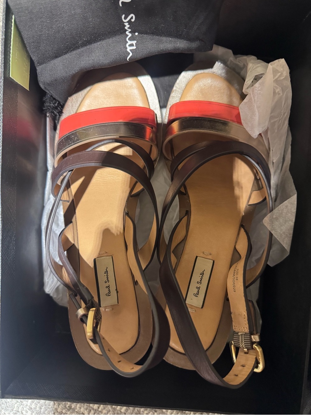 Paul Smith Brown Leather Sandals with Red and Gold Straps